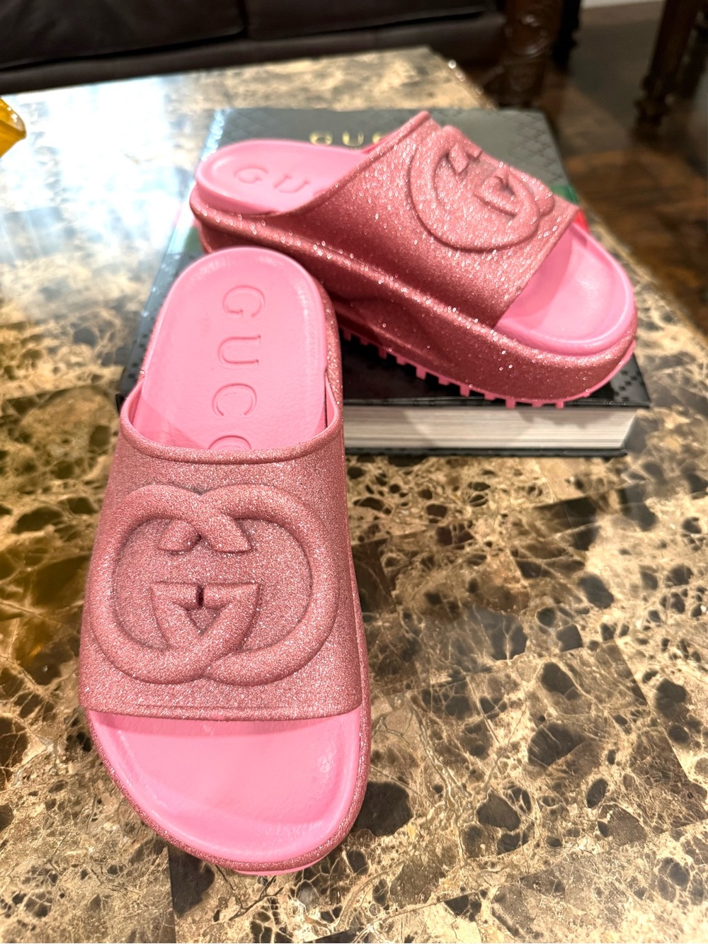 Gucci Pink Glitter GG Platform Slides Sandals I 36 Authentic